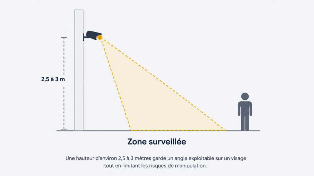 Schéma montrant la hauteur d’installation recommandée de 2,5 à 3 mètres pour une caméra de surveillance et sa zone surveillée