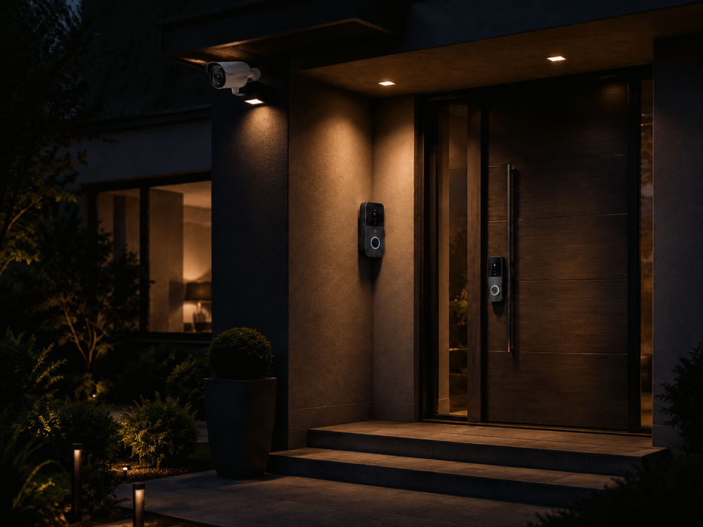 Maison équipée d'une caméra de surveillance, d'une sonnette vidéo et d'une serrure connectée