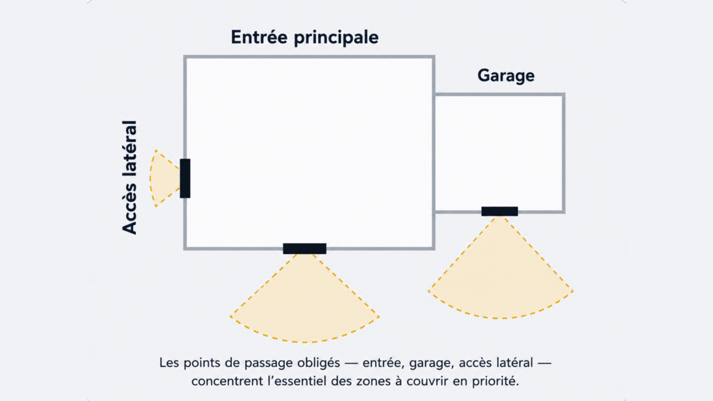Schéma des zones prioritaires à couvrir par une caméra de surveillance : entrée principale, garage et accès latéral