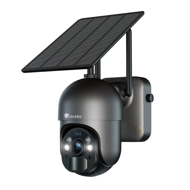 Caméra de vidéosurveillance Ctronics 2K avec panneau solaire orientable, vue de face sur fond blanc