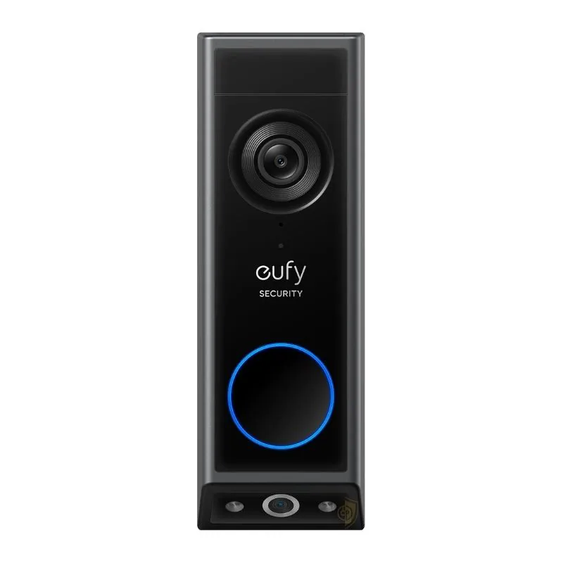 Sonnette vidéo eufy Video Doorbell E340, boîtier noir anthracite rectangulaire avec objectif principal rond en haut, logo eufy Security, bouton d'appel rond lumineux bleu et second objectif secondaire orienté vers le bas pour la vue des colis au sol