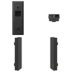 Vue éclatée du boîtier de la sonnette eufy Video Doorbell E340 : face avant avec les capteurs, module caméra à double objectif détaché, et les deux profils latéraux fins du boîtier