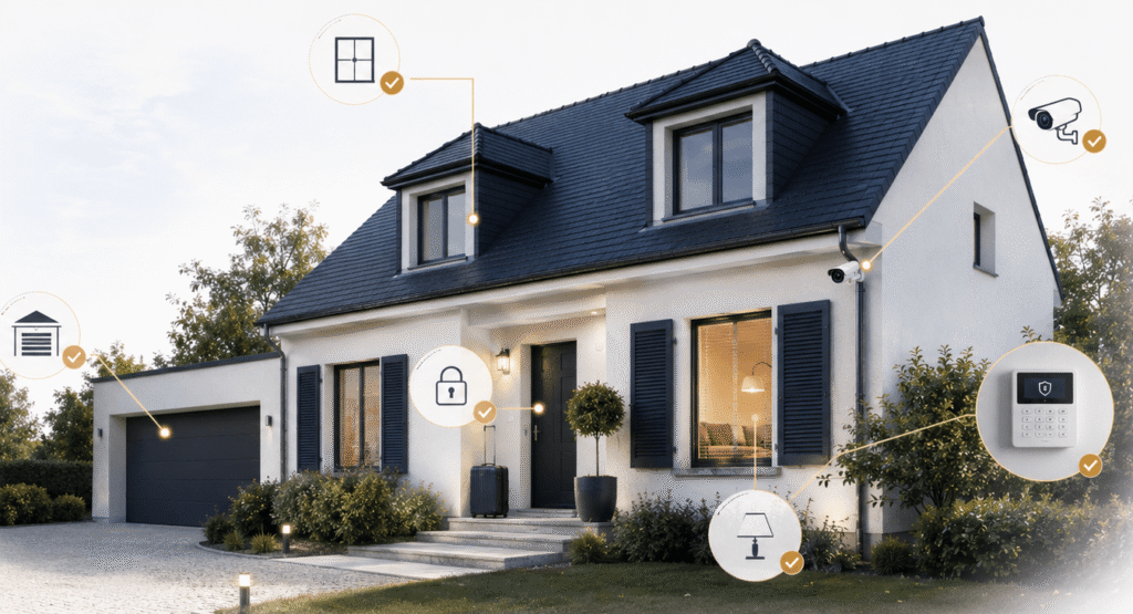 Maison avec les points de contrôle à vérifier avant un départ en vacances : fenêtres, garage, porte d'entrée, éclairage extérieur, alarme et caméra