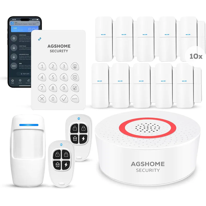 Kit d'alarme maison sans fil AGSHOME 15 pièces avec sirène 120 dB, sur fond blanc