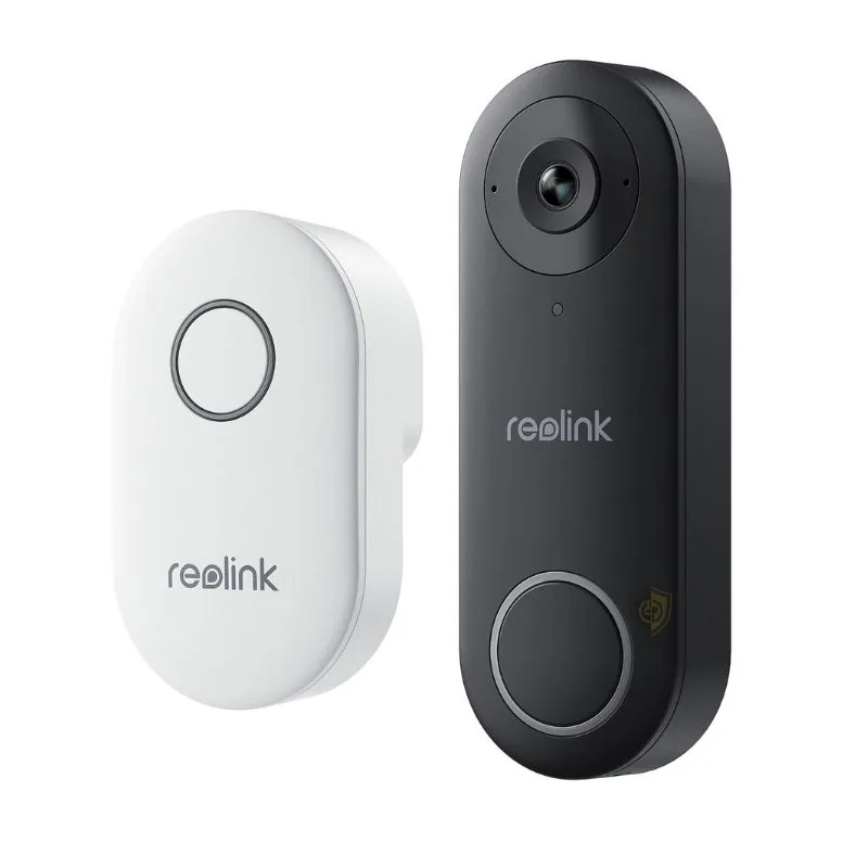 Sonnette vidéo Reolink D340W avec son carillon : sonnette noire allongée à objectif rond et bouton lumineux, carillon blanc ovale à bouton, logo Reolink sur fond blanc
