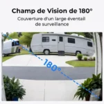 Image captée par la sonnette Reolink D340W montrant une allée avec un camping-car, avec ligne pointillée bleue illustrant un champ de vision annoncé par le fabricant de 180°