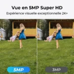 Visuel comparatif du fabricant d'une même scène de jardin filmée en 5 MP et en 3 MP par la sonnette Reolink D340W, avec mention d'une définition annoncée de 5 MP Super HD