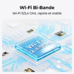Illustration schématique d'une puce électronique bleue avec la mention du fabricant d'un WiFi bi-bande 5 GHz / 2,4 GHz pour la sonnette Reolink D340W