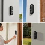 Mosaïque de quatre photos d'installation de la sonnette Reolink D340W : sur un mur blanc près d'une baie vitrée, sur un mur clair avec porte en bois, une femme sonnant à une porte d'entrée, et sur une façade grise avec jardin en arrière-plan
