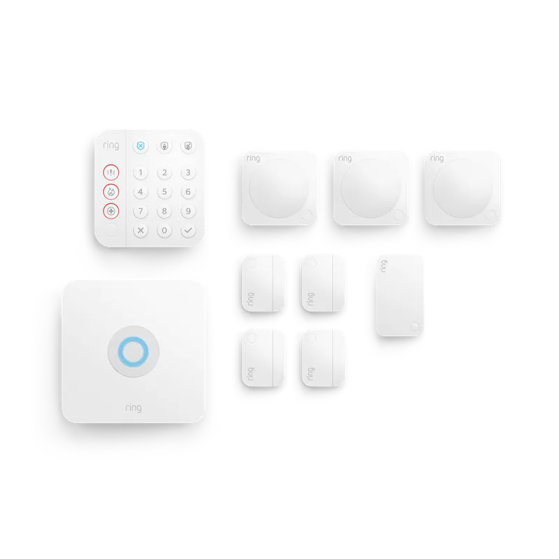 Kit d'alarme Ring Alarm L 2e génération avec base et accessoires, sur fond blanc