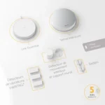 Vue éclatée et légendée des éléments du kit Somfy Home Alarm Essential : boîtier Link Essential, sirène intérieure, détecteur de mouvement intérieur avec support mural, deux détecteurs de vibrations IntelliTAG, deux badges, piles incluses et mention d'une garantie 5 ans
