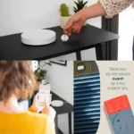 Mosaïque de quatre photos de mise en situation du kit Somfy Home Alarm Essential Starter Pack : pose d'un badge sur le boîtier Link Essential, une femme utilisant l'application sur son smartphone à côté du boîtier, et un détecteur d'ouverture posé sur une fenêtre à volets