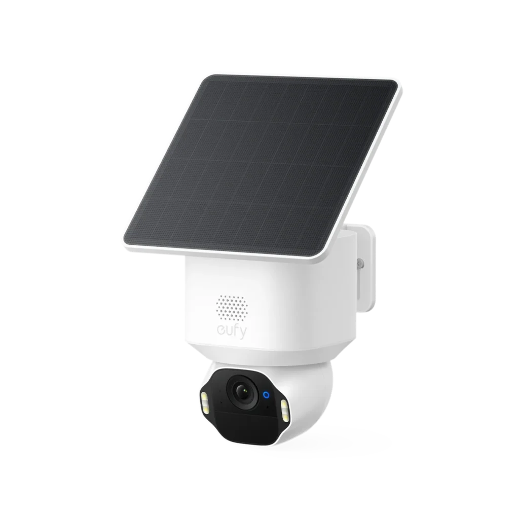 Caméra eufy SoloCam E42 blanche et noire avec panneau solaire, vue de trois quarts