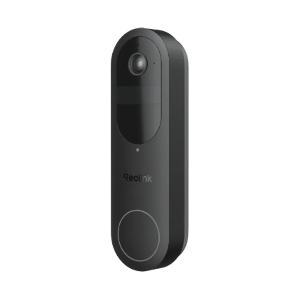 Sonnette vidéo noire Reolink Doorbell Battery avec objectif en haut et bouton rond en bas